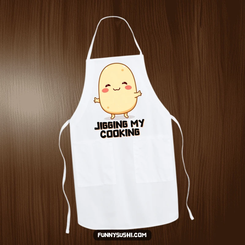 Funny Tamagoyaki Apron: A smiling tamagoyaki character performs a funny jig, perfect for a humorous cooking experience.