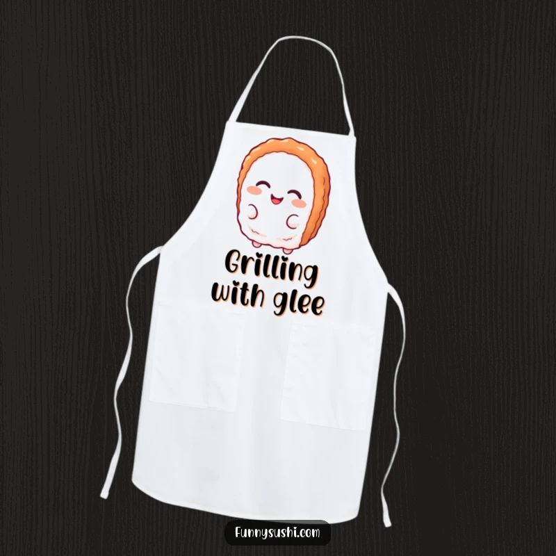 Funny tuna nigiri character with a playful smirk, on a practical and humorous kitchen apron.