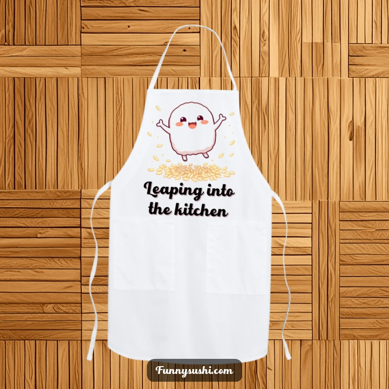Funny Nigiri Apron: A bouncy nigiri sushi character leaps with delight, ready for a fun cooking session.