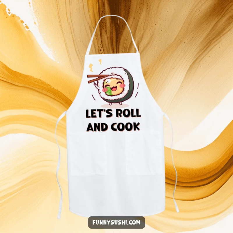 Funny Maki Roll Apron: A wiggling maki roll character spins chopsticks, ready for a fun and messy cooking session.