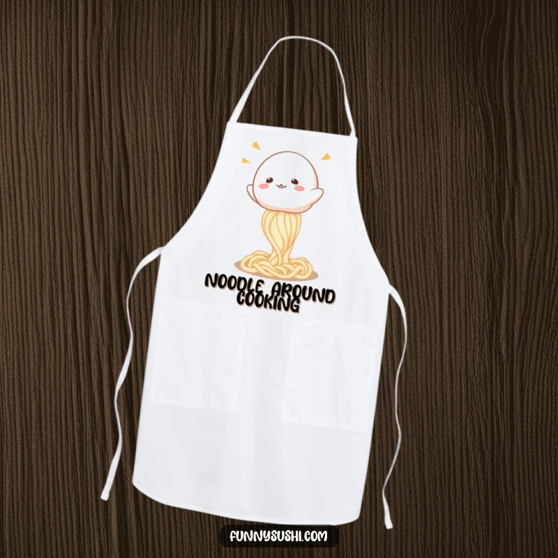 Funny Mochi apron, a happy mochi character gleefully bouncing on a springy udon noodle, perfect for culinary creations.