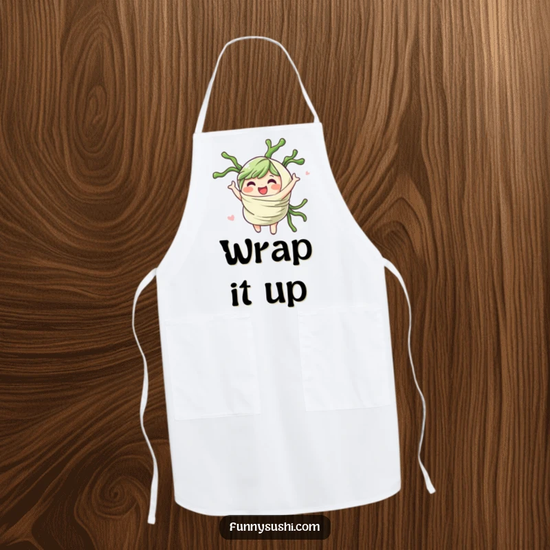 Funny cheerful seaweed wrap character spinning gleefully, printed on a culinary-themed and humorous apron.