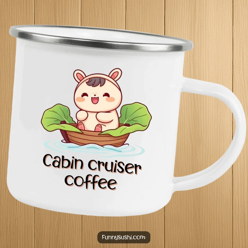 Funny Bao Bun camping mug, a happy character sailing in a tiny cabbage leaf boat, ready for the great outdoors.