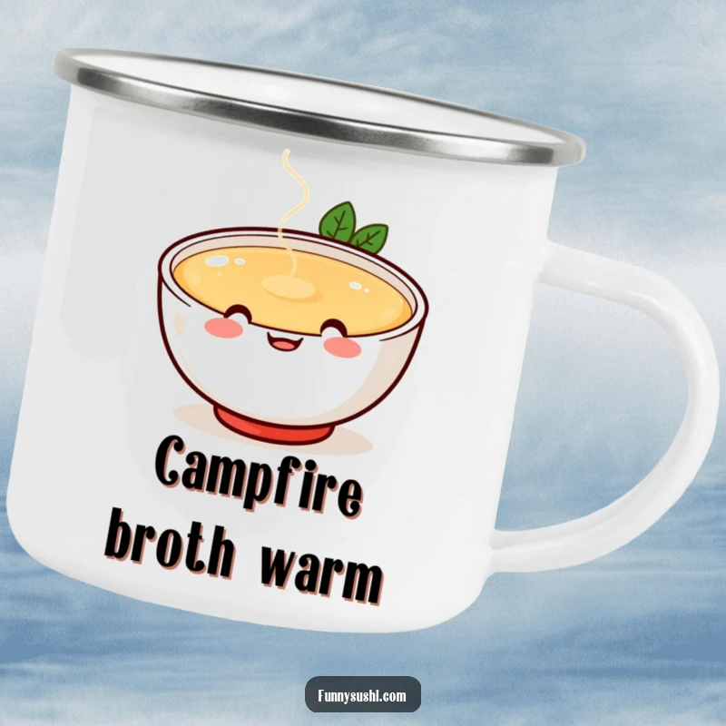 Funny cheerful miso soup bowl with happy face spilling broth playfully, enamel camping mug, comfort food drinkware, humorous.