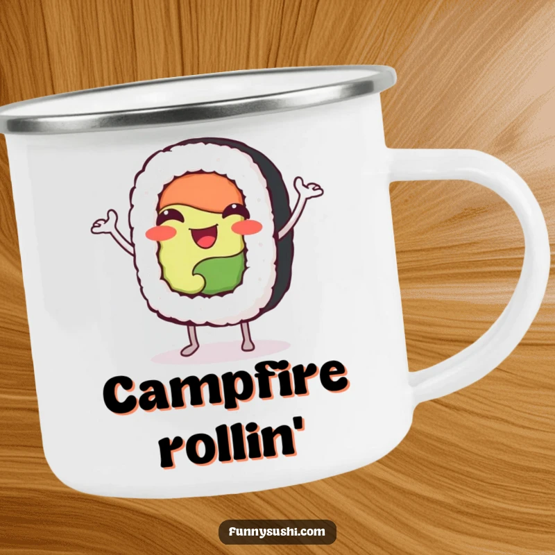 Funny happy sushi roll character doing a jig on a durable enamel camping mug, for outdoor enjoyment.
