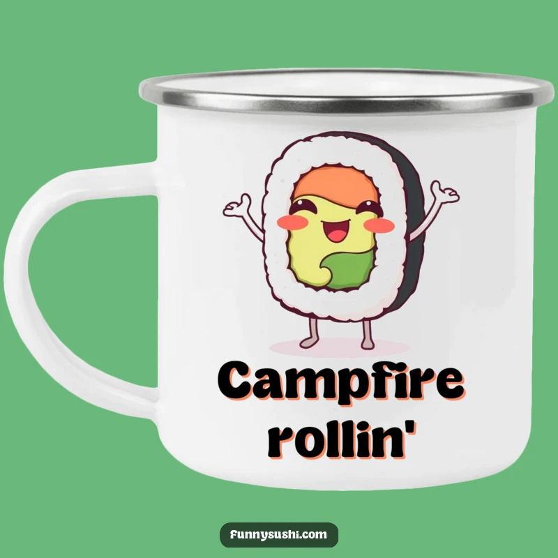 Funny Sushi Roll Enamel Camping Mug: Happy Bites for Outdoor Fun
