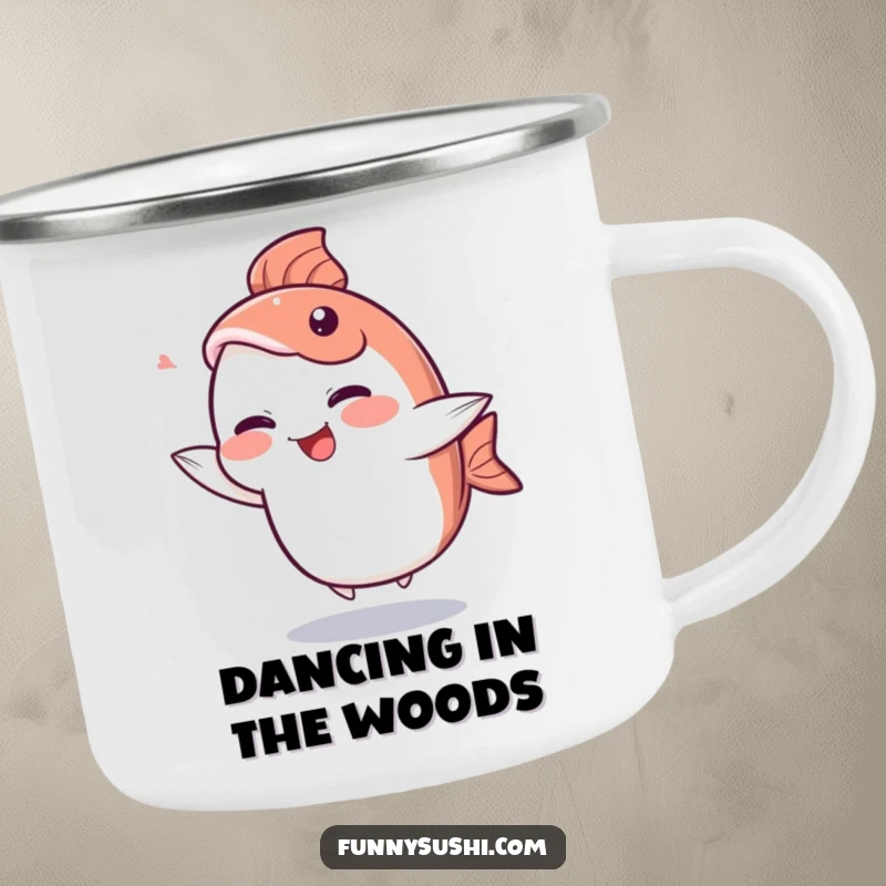 Funny Sashimi Camping Mug: A giggling sashimi slice character dances with its tail fin, perfect for outdoor humor.