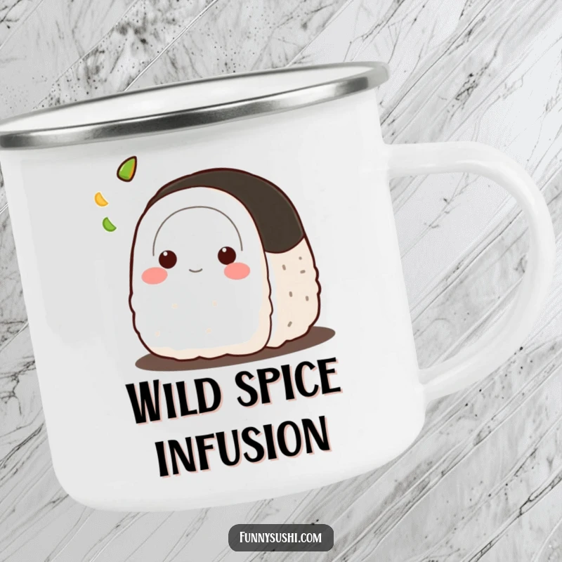 Funny Onigiri camping mug, a playful rice ball character tossing a tiny dab of wasabi, ready for the great outdoors.