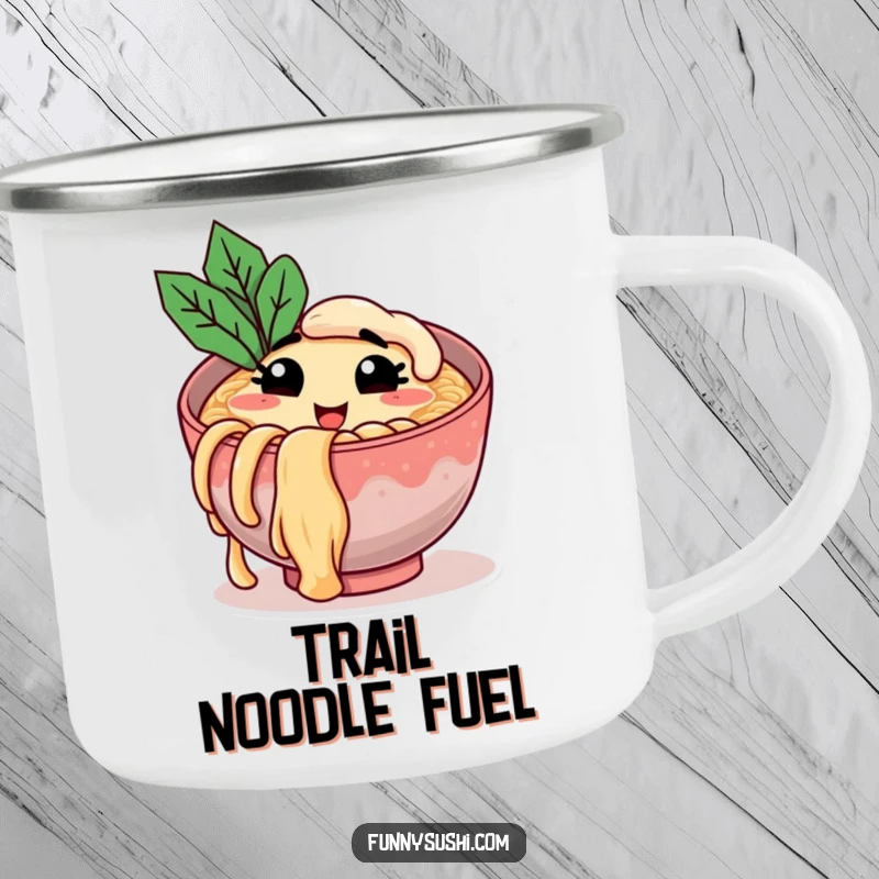 Funny camping mug with a smiling ramen bowl character winking and holding a noodle, great for outdoor adventures and gifting.