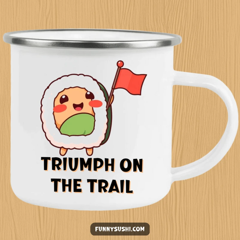 Funny Sushi Nigiri camping mug, a smiling nigiri character excitedly waving a tiny flag, ready for the outdoors.