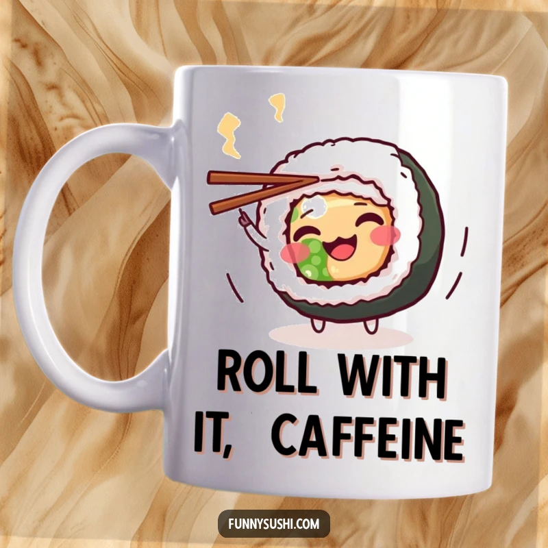 Funny Maki Roll Mug: A wiggling sushi character playfully spins chopsticks, ready for a hilarious mealtime adventure.