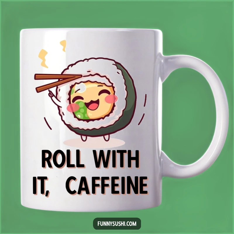 Funny Maki Roll Mug: Playful Sushi Character Spinning Chopsticks Gift