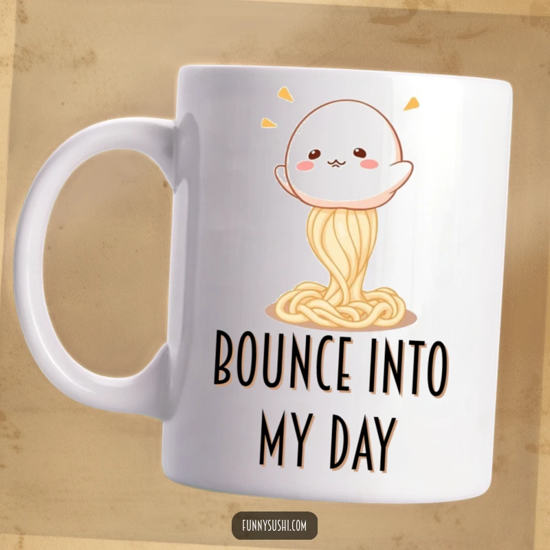 Funny Mochi mug, a happy character gleefully bouncing on a springy udon noodle, full of bouncy energy.