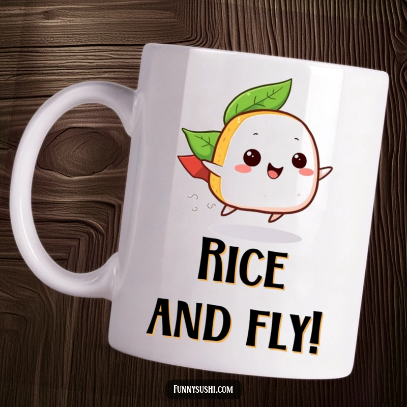 Funny mug featuring a happy onigiri wearing a leaf cape, zooming with speed and joy, great for food lovers and gifts.