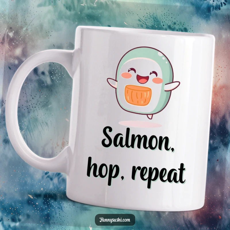 Funny joyful salmon roll character doing a silly little hop, printed on a cheerful and humorous mug.