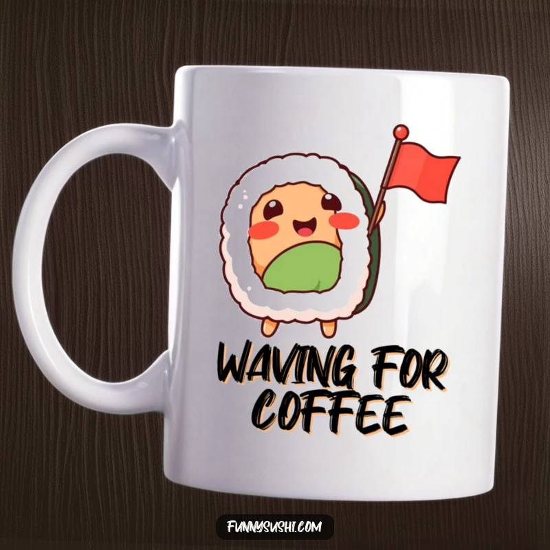 Funny Sushi Nigiri mug, a happy rice and fish character excitedly waving a tiny flag with a big smile.
