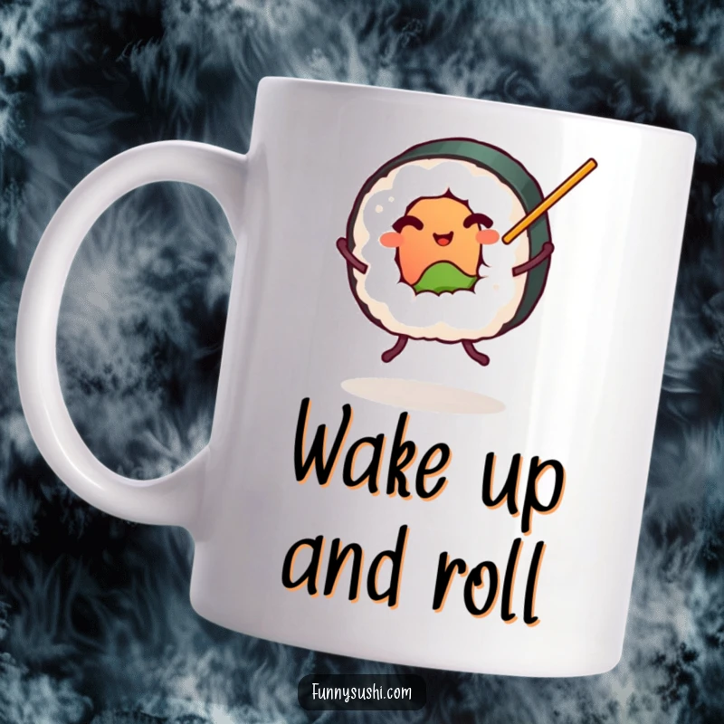 Funny plump sushi roll with tiny legs happily dancing with chopsticks, food themed mug, cute and humorous gift.