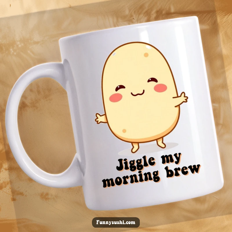 Funny Tamagoyaki Mug: A smiling yellow egg roll character performs a funny jig, bringing breakfast cheer.