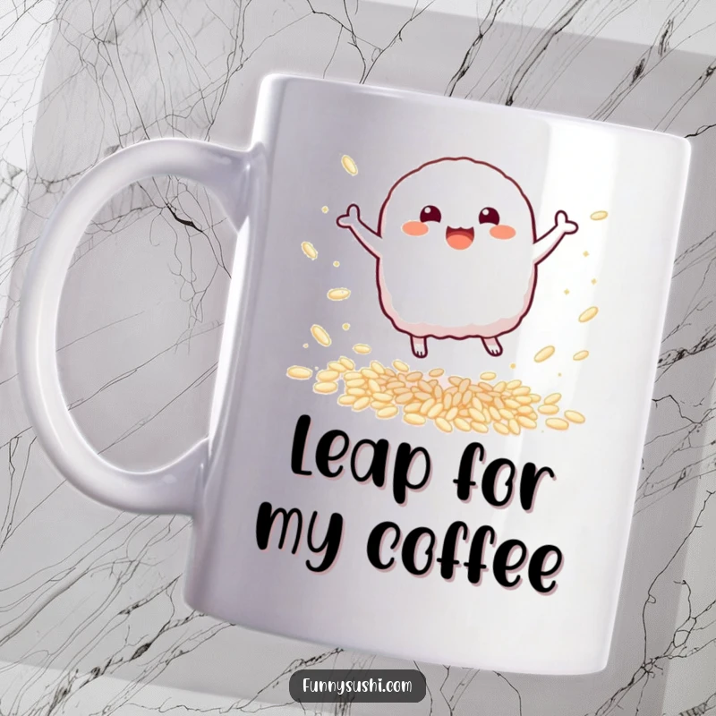 Funny Nigiri Mug: A happy nigiri sushi character leaps joyfully amid sparkling rice grains.
