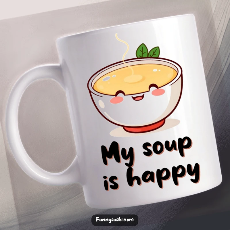 Funny cheerful miso soup bowl with happy face spilling broth playfully, food themed mug, cute and humorous gift.