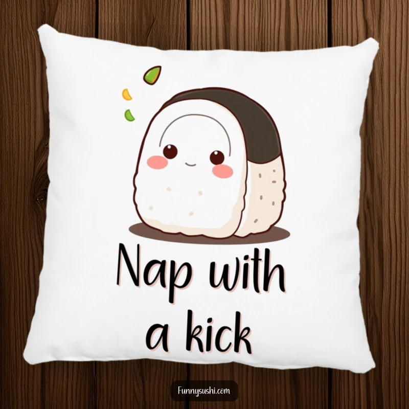 Funny Onigiri pillow, a cute rice ball character gleefully tossing a tiny dab of wasabi, offering plush comfort.