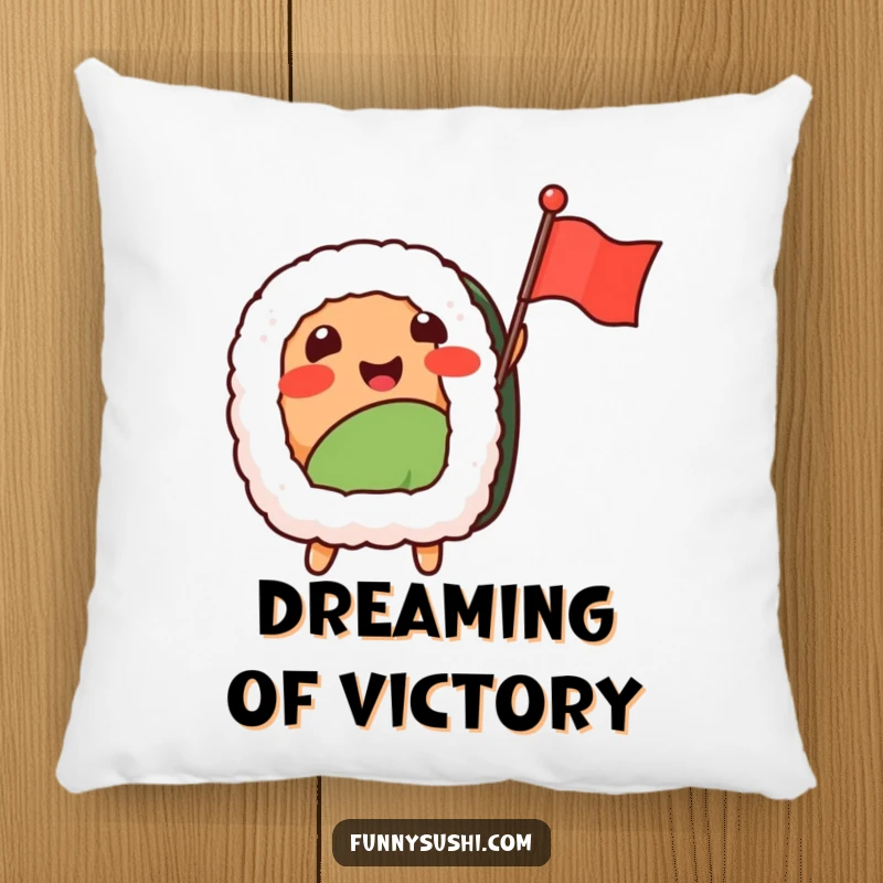 Funny Sushi Nigiri pillow, a cute nigiri character happily waving a tiny flag, offering plush comfort.