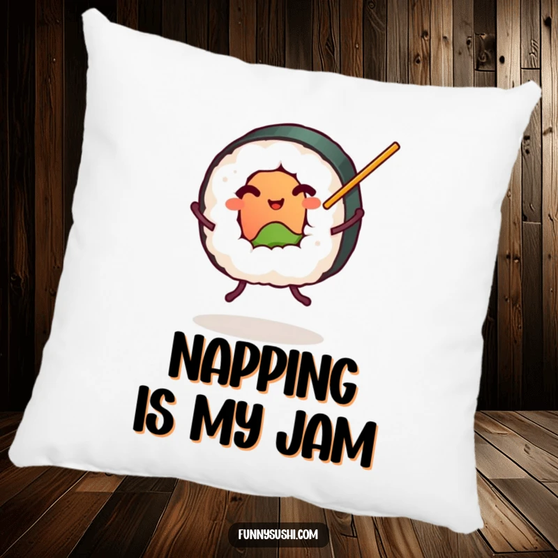 Funny plump sushi roll with tiny legs dancing with chopsticks, cute food pillow, decorative cushion, humorous.