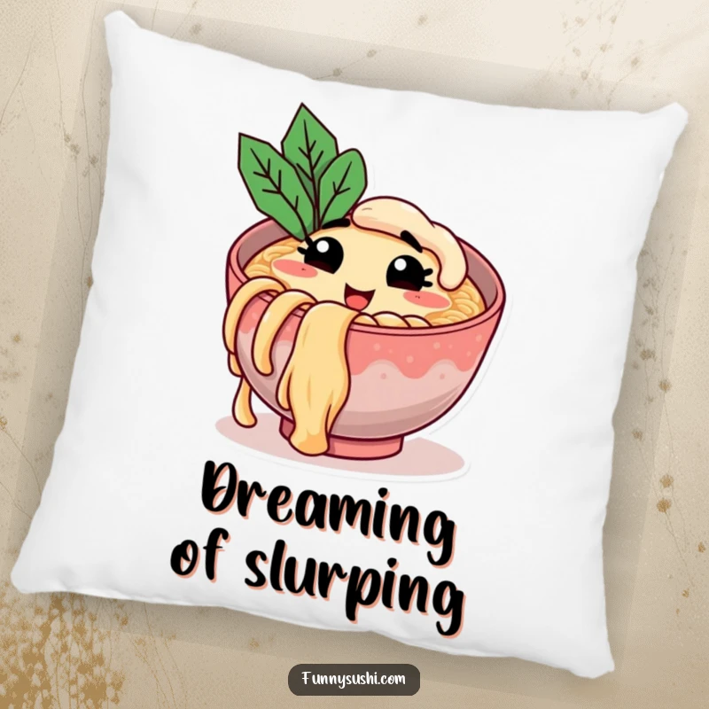 Funny throw pillow with a smiling ramen bowl character winking and holding a noodle, offering comfort and humor for gifting.