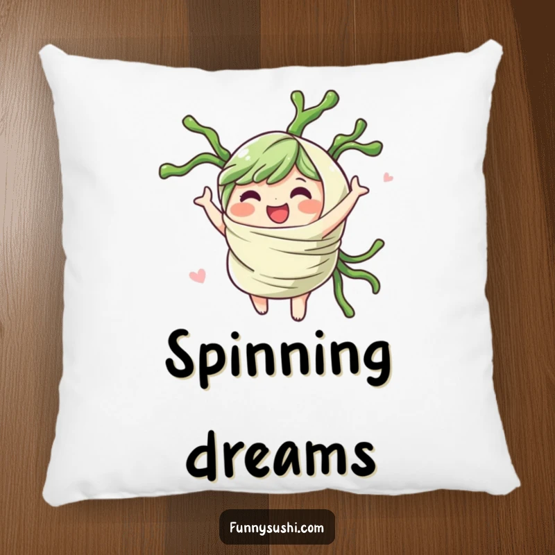 Funny seaweed wrap character spinning gleefully, designed for a soft, decorative, and humorous pillow.
