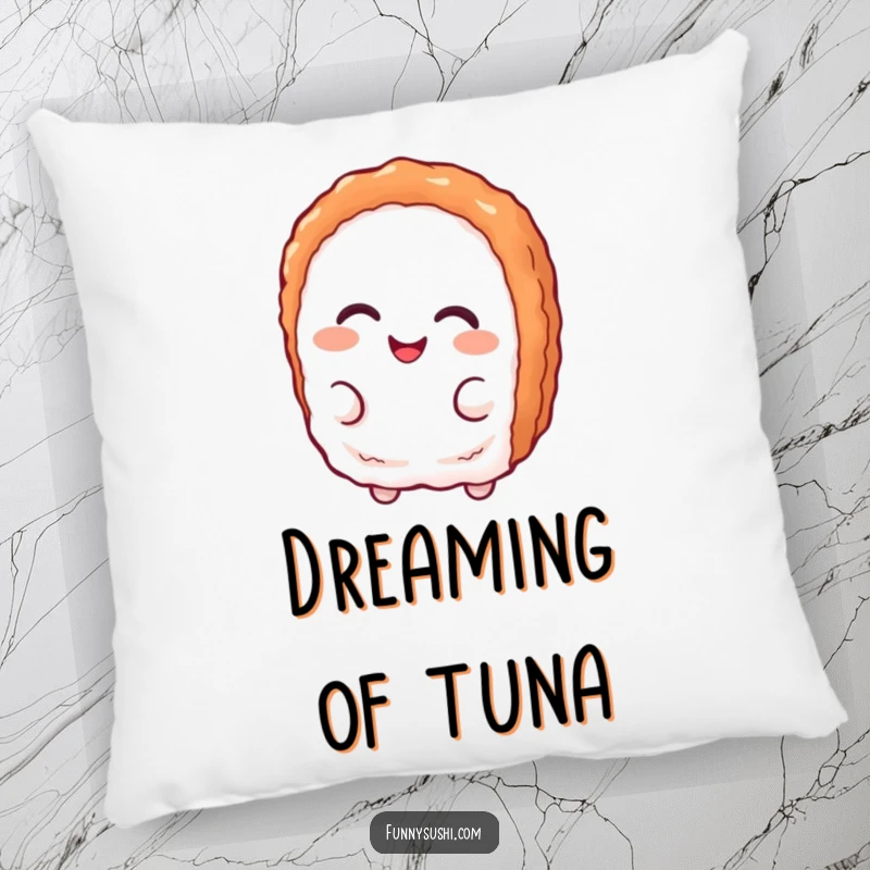 Funny tuna nigiri character with a playful smirk, printed on a soft and humorous decorative pillow.