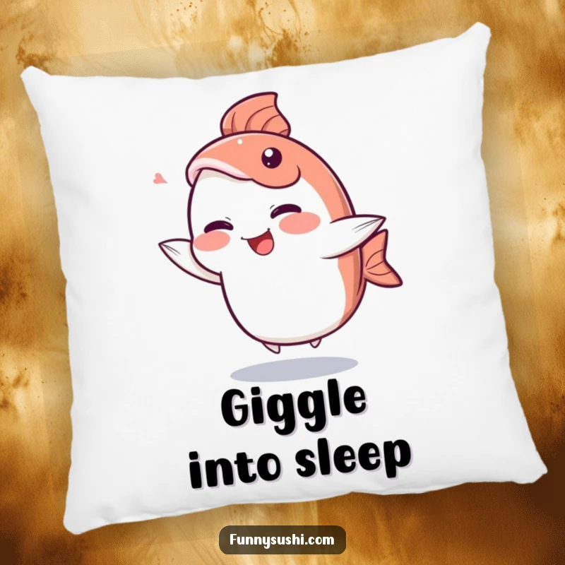 Funny Sashimi Pillow: A giggling sashimi slice character dances playfully, adding soft and humorous cheer.