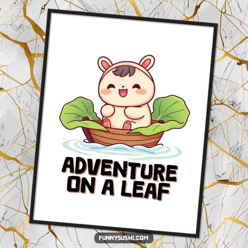 Funny Bao Bun digital art print, a happy bao bun character sailing in a tiny cabbage leaf boat, vibrant and charming.