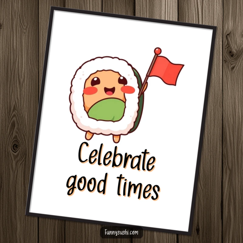 Funny Sushi Nigiri digital art print, a happy nigiri character excitedly waving a tiny flag, vibrant and celebratory.