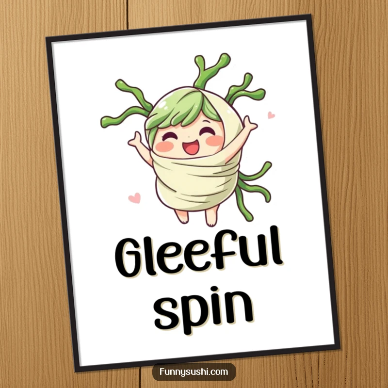 Funny cheerful seaweed wrap character spinning gleefully, available as a high-resolution digital art print.