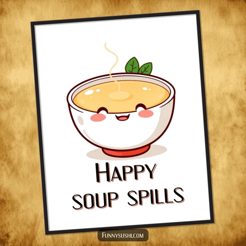 Funny cheerful miso soup bowl with happy face spilling broth playfully, food themed digital art print, cute comfort food decor, humorous.