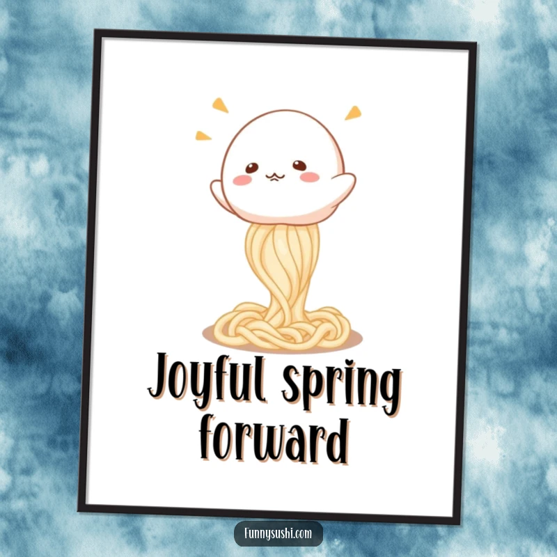 Funny Mochi digital art print, a happy mochi character bouncing on a springy udon noodle, vibrant and full of life.