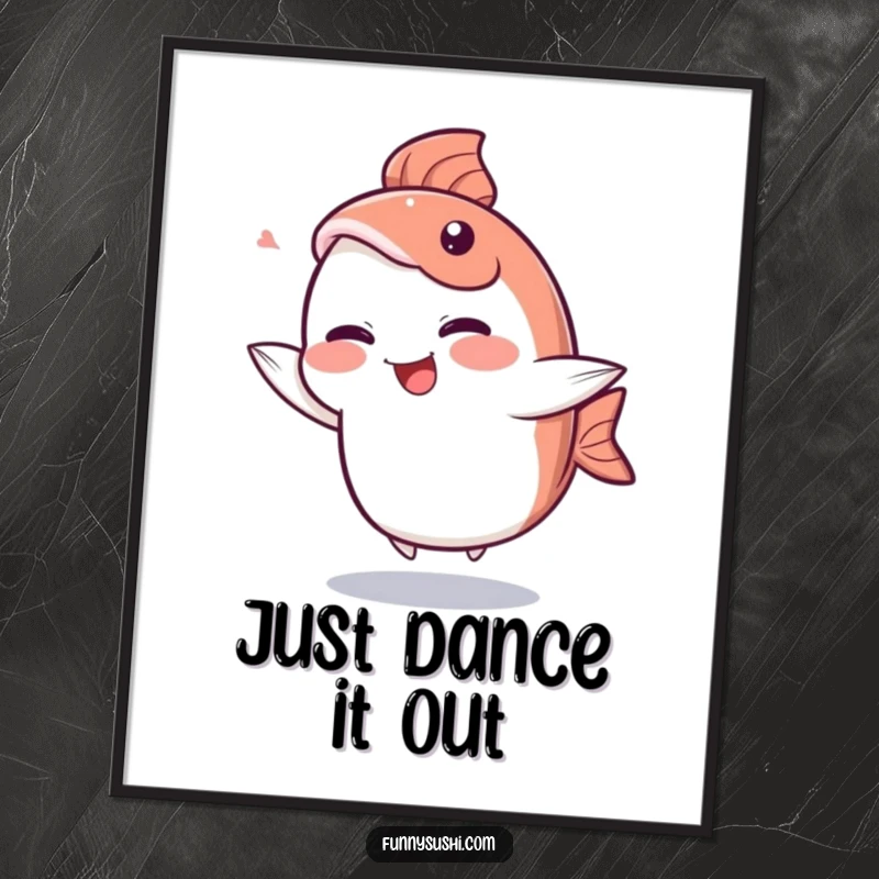 Funny Sashimi Digital Art: A giggling sashimi slice character dances with its tail fin, a humorous downloadable piece.