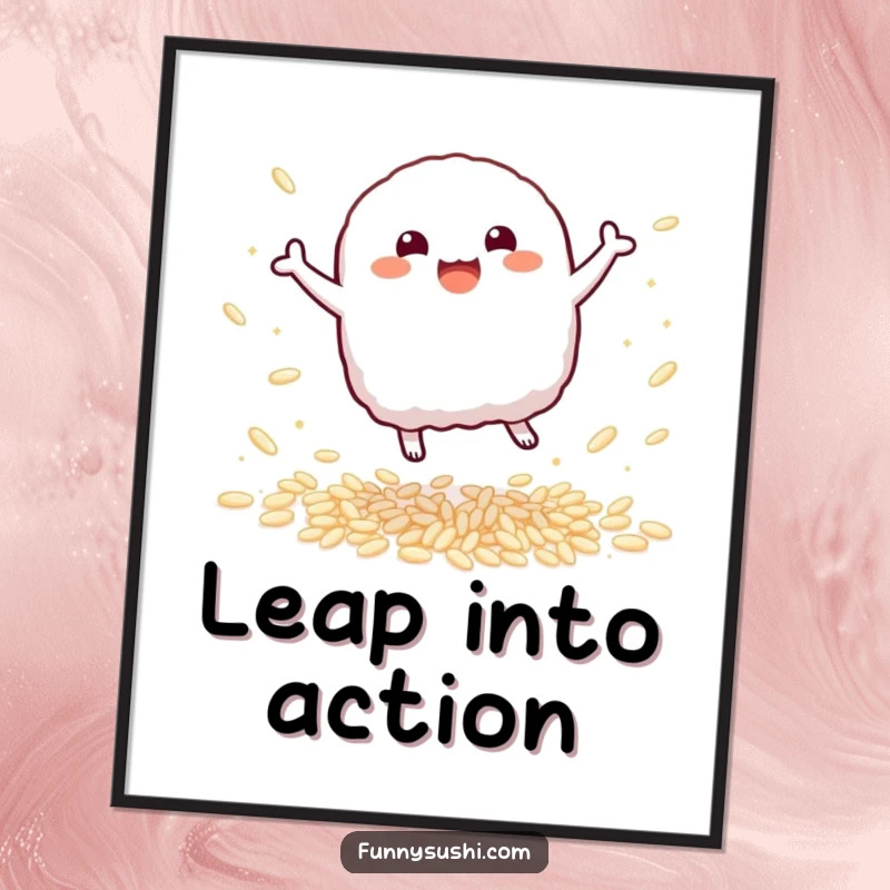 Funny Nigiri Digital Art: A bouncy nigiri sushi character leaps with delight among sparkling rice, joyful decor.