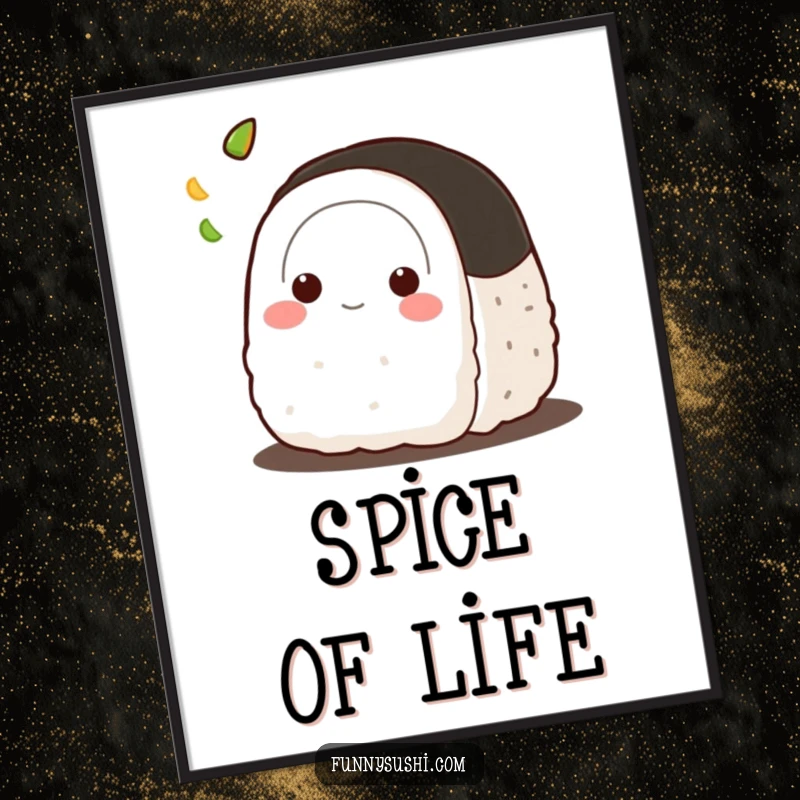 Funny Onigiri digital art print, a playful rice ball character tossing a tiny dab of wasabi, vibrant and full of energy.