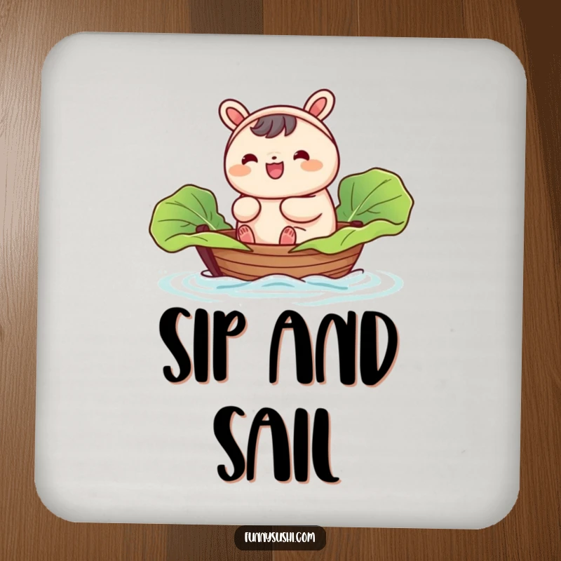 Funny Bao Bun coaster, a happy bao bun character sailing in a tiny boat made from a cabbage leaf, adding charm.