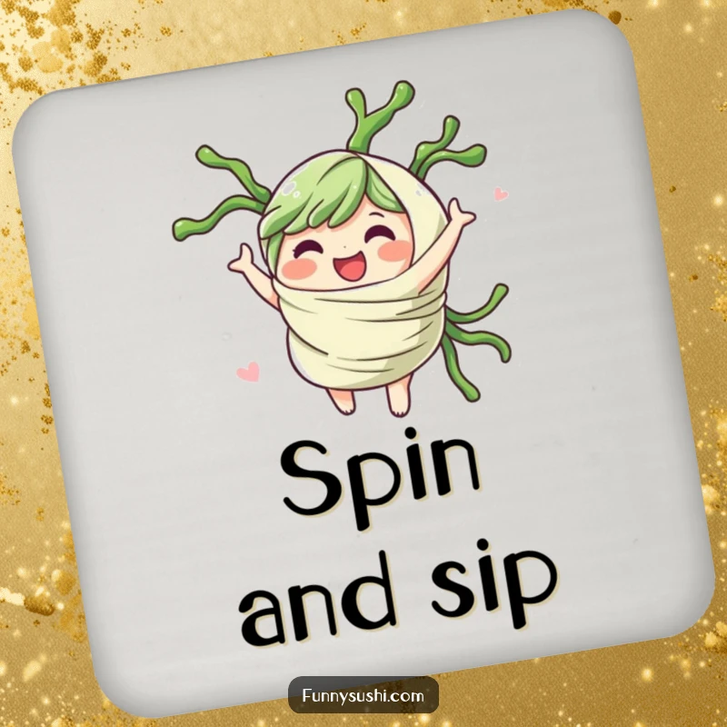 Funny seaweed wrap character spinning gleefully, printed on protective drink coasters for a fun and humorous accent.