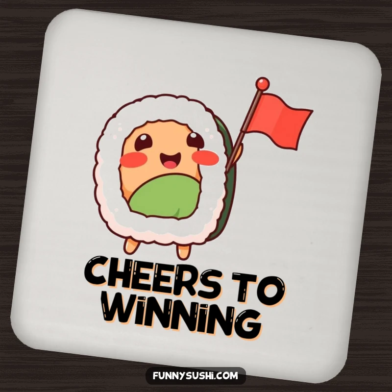 Funny Sushi Nigiri coaster, a happy nigiri character excitedly waving a tiny flag, protecting your table with joy.