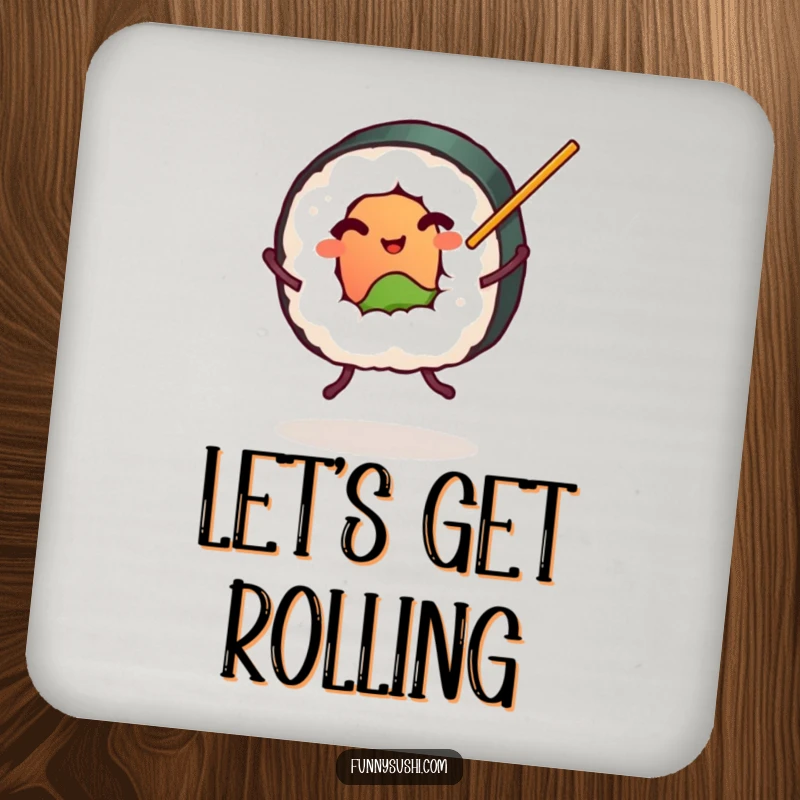 Funny plump sushi roll with tiny legs dancing with chopsticks, set of coasters, foodie drinkware protection, humorous.