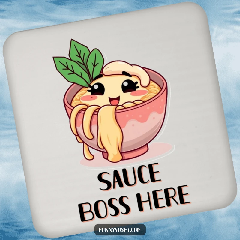 Funny coaster featuring a smiling ramen bowl winking and holding a noodle, protecting surfaces with humor and charm.