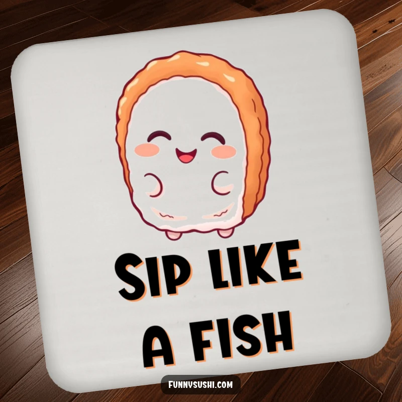 Funny tuna nigiri character with a playful smirk, printed on protective drink coasters for a humorous touch.