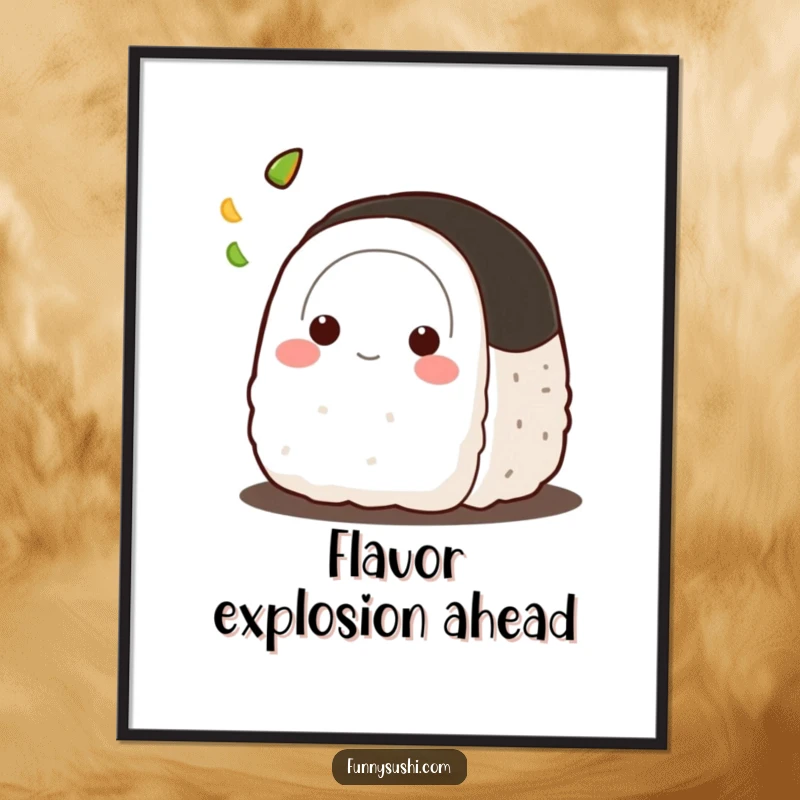 Funny Onigiri poster, showcasing a mischievous rice ball character tossing a tiny dab of wasabi with a dynamic, playful energy.