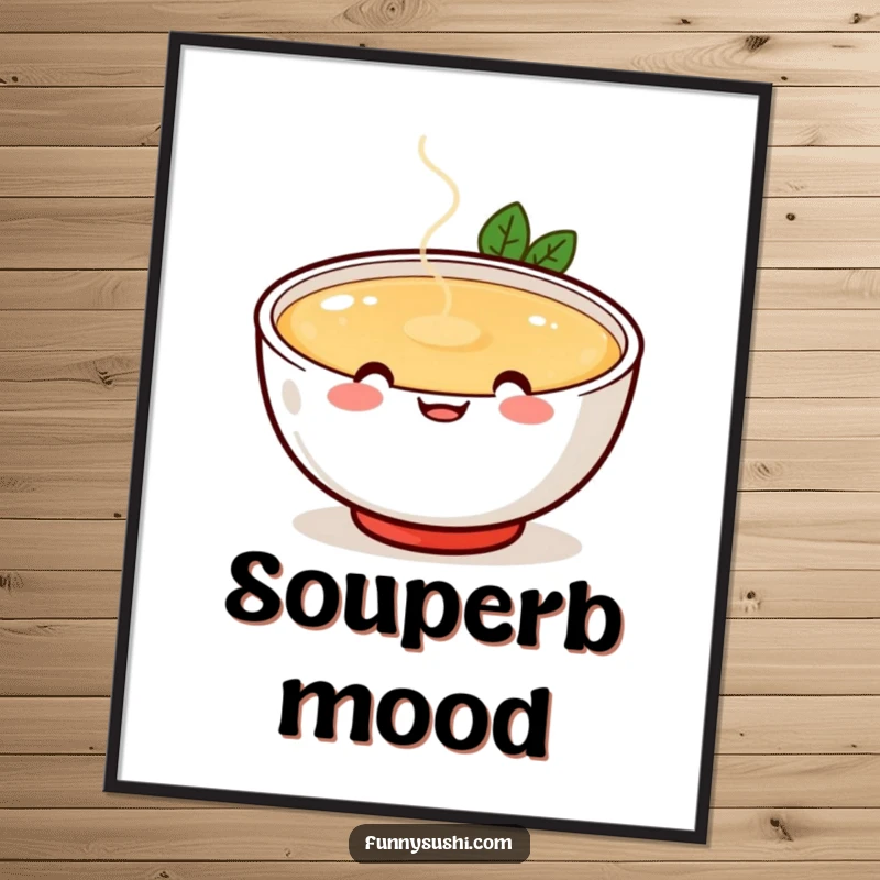 Funny cheerful miso soup bowl with happy face spilling broth playfully, food themed art print, cute and humorous decor.