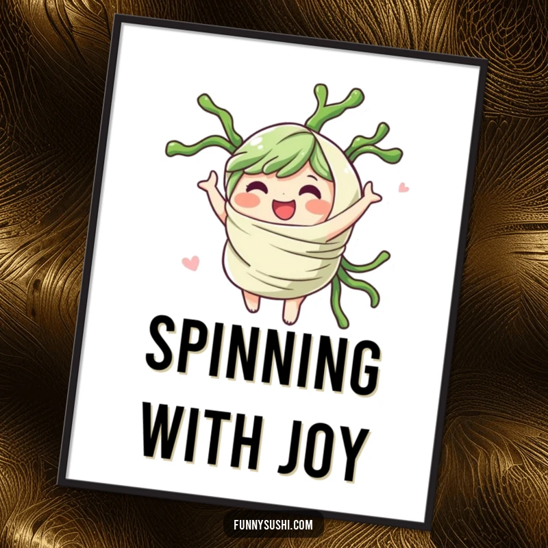 Funny cheerful seaweed wrap character spinning gleefully, designed as a vibrant and humorous wall art print.