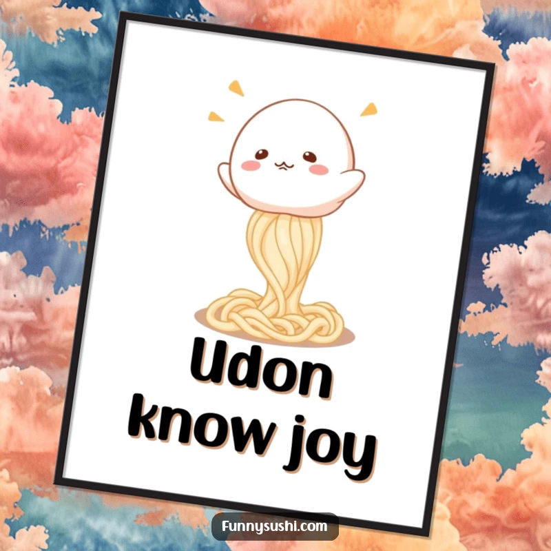 Funny Mochi poster, a smiling mochi character energetically bouncing on a flexible udon noodle, conveying pure joy.