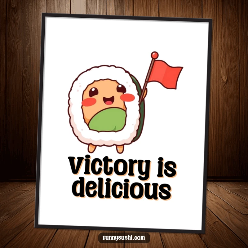 Funny Sushi Nigiri poster, a happy nigiri piece joyfully waving a small flag, conveying excitement and celebration.